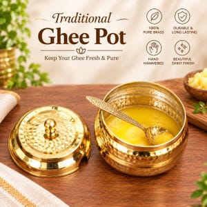 May include: A gold-coloured brass ghee pot with a hammered texture, a matching lid with a central knob, and an ornate metal spoon resting inside. The pot contains yellow ghee. Text on the image reads Traditional Ghee Pot, Keep Your Ghee Fresh & Pure.