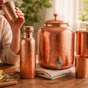Pure Copper Drinkware Combo | 8L Dispenser, 1.5L Jug, Bottle, 4 Glasses | Ayurvedic Gift