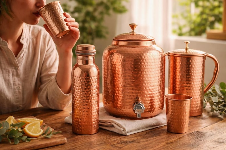 Pure Copper Drinkware Combo | 8L Dispenser, 1.5L Jug, Bottle, 4 Glasses | Ayurvedic Gift