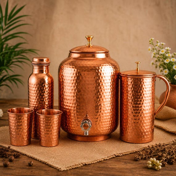 Pure Copper Drinkware Combo | 8L Dispenser, 1L Jug, Bottle, 4 Glasses | Ayurvedic Gift