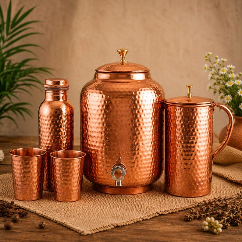 Pure Copper Drinkware Combo | 8L Dispenser, 1.5L Jug, Bottle, 4 Glasses | Ayurvedic Gift