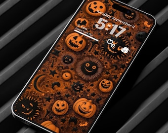Sfondo per iPhone con zucca spettrale / Tema di Halloween oscuro (download digitale)