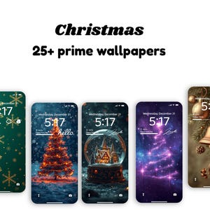 May include: A collection of Christmas-themed phone wallpapers. The image displays five phone screens with different festive designs, including a Christmas tree, snowflakes, and a snow globe. The time displayed on each phone is 5:17.