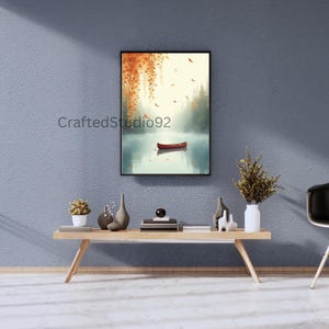 Fall Lake Canoe Print: Rustic Autumn Landscape Art (Digital Download