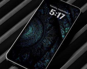 Sfondo scuro Mandala per iPhone / Sfondo blu brillante per iOS (download digitale)