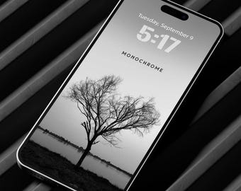 Sfondo minimalista per iPhone con albero: schermata di blocco iOS in bianco e nero (download digitale)