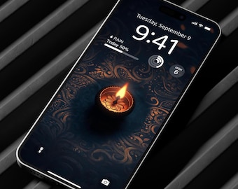 Carta da parati di lusso Diya / Estetica Paisley blu scuro / Sfondo per telefono con meditazione e Diwali