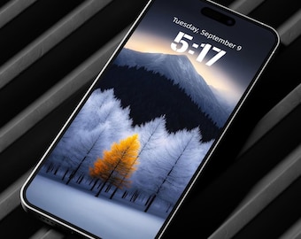 Sfondo invernale per iPhone Golden Tree: foresta innevata minimalista (download digitale)