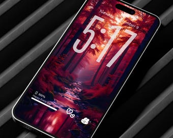 Sfondo per iPhone "Red Forest River" / Paesaggio iOS da sogno (download digitale)