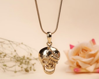 May include: Gold-colored skull pendant necklace. The pendant is a detailed skull design with a textured surface, suspended from a delicate chain. The necklace is displayed against a soft, neutral background.
