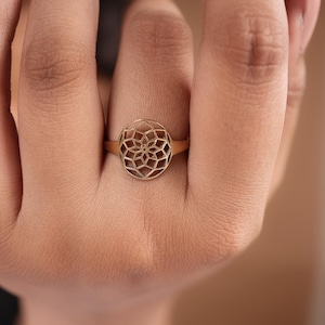 Gold Flower of Life Ring: Dainty Filigree Brass Mandala,