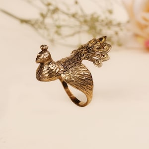 Handcrafted Brass Peacock Ring: Antique Gold Bird Jewelry,