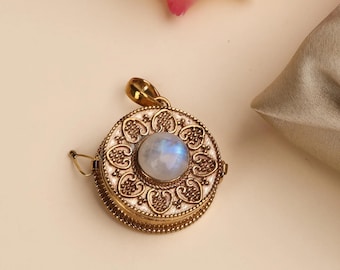 Brass Gold Plated Moonstone Pill Box Pendant - Secret Perfume Locket,