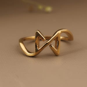 May include: A gold-colored ring with a unique, open design. The ring features a stylized letter "M" shape, with sharp angles and smooth curves. The ring is set against a neutral background, highlighting its metallic sheen.
