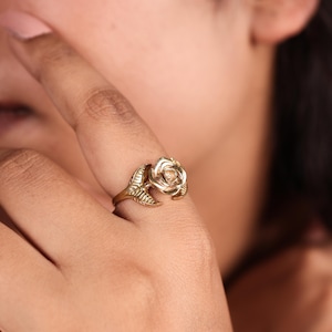 Gold Rose Ring: Brass Floral Jewelry with Leaf Detail,