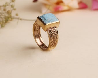 Chunky Turquoise Stone Ring: Textured Gold Plated Brass, Bohemian Style,