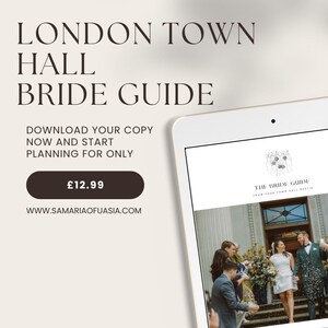 Pode incluir: Um tablet digital exibe um guia de casamento com o título "London Town Hall Bride Guide". A imagem mostra uma festa de casamento. O texto "Baixe sua cópia agora e comece a planejar por apenas" também é visível.