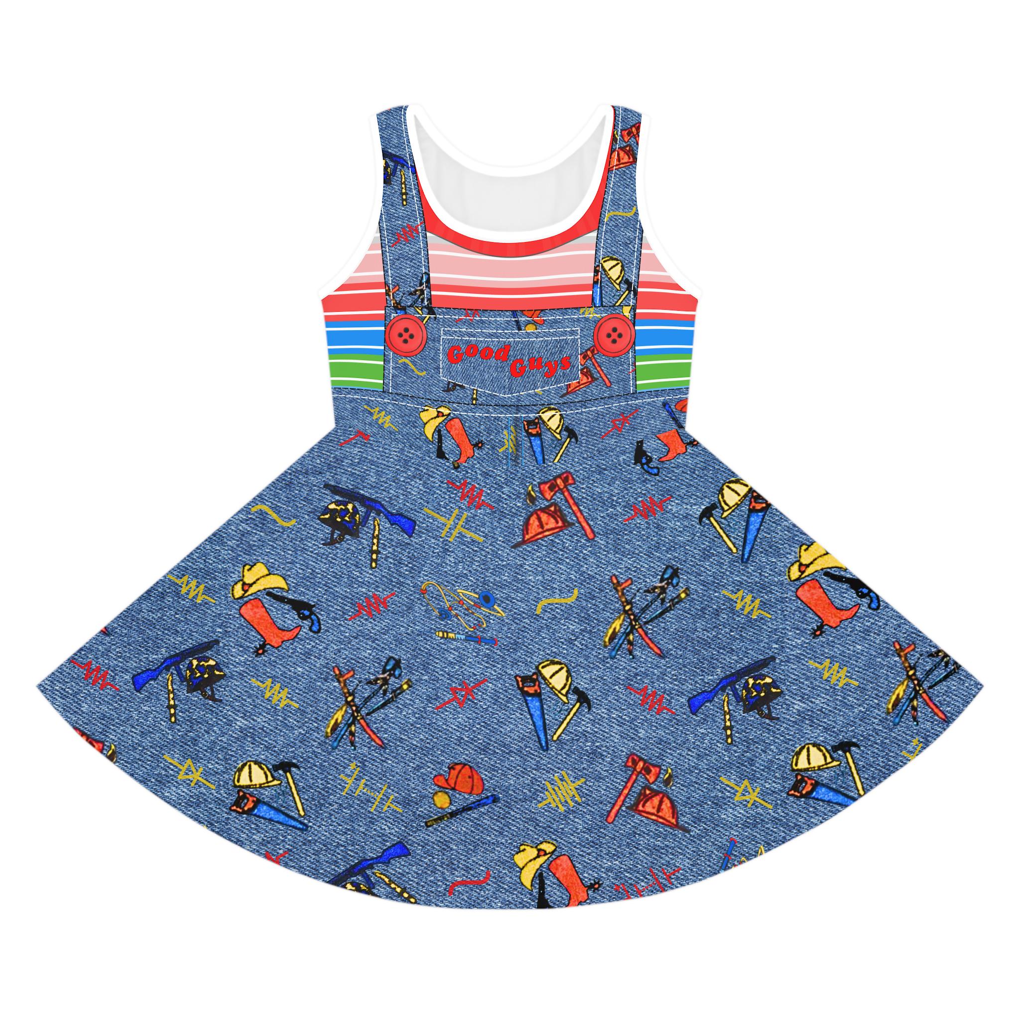 Costume Halloween Femme Chucky 2 Pièces - Robe Et Salopette Rayée Bleue - Déguisement Film D'horreur