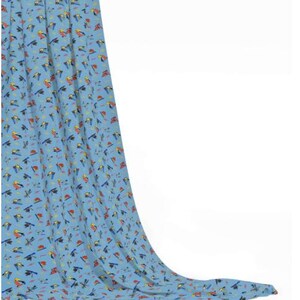 May include: Light blue fabric with a repeating pattern of colorful birds. The birds are depicted in various poses with red, yellow, blue, and black details. The fabric is draped, showcasing its texture and design.