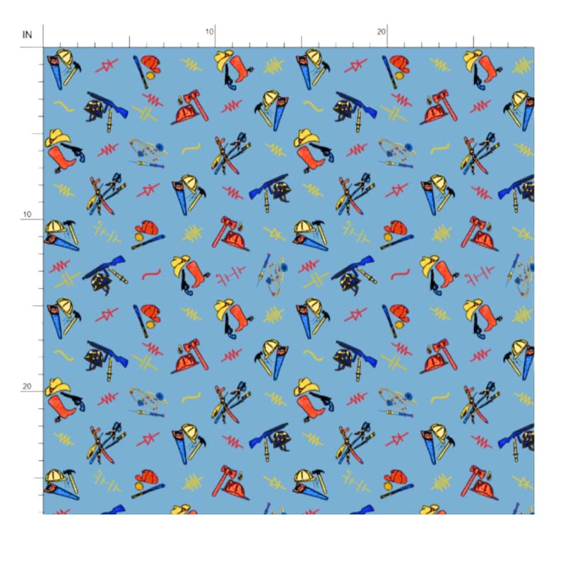 May include: A light blue fabric with a repeating pattern of cowboy hats, boots, saws, hammers, rifles, and other tools in red, yellow, and blue. The design includes wavy lines and other small graphic elements.