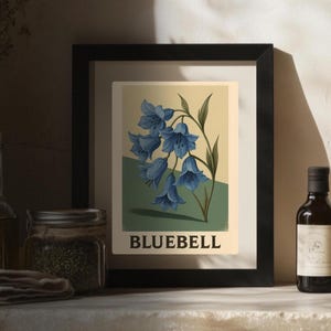 Vintage Botanical Art Print Dark Bluebell Flower Wall Decor Cottagecore Poster Wildflower Nature Illustration Aesthetic Botanical Wall Art