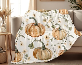 Watercolor Pumpkin Blanket Rustic Fall Throw, Farmhouse Autumn Decor, Cozy Thanksgiving Blanket, Neutral Pumpkin Patch Gift for Fall Lovers