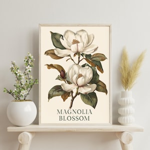 Magnolia Flower Digital Wall Art Printable Vintage Botanical Flower Poster Magnolia Blooms Art Print Neutral Vintage Floral Decor Farmhouse