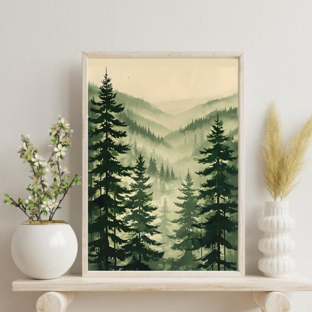 Vintage Botanical Misty Pine Forest Wall Art Print Green Nature ...