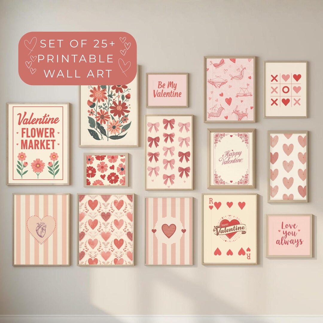 Valentine’s Day Printable Wall Art Bundle, 25+ Romantic Pink Heart ...