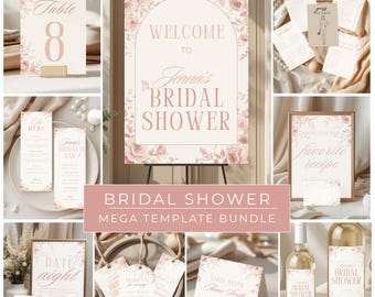 Blush Floral Bridal Shower Bundle – Canva Templates (Editable, Games & Signs) (Digital Download)