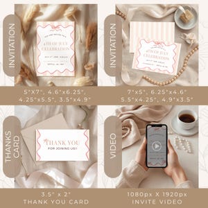 May include: A collection of invitation and thank you card designs with a 4th of July theme. The invitations feature a red and white color scheme with the text "4th of July Celebration". The video invite is displayed on a smartphone.