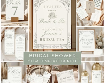 Bridal Tea Party Bundle – Editable Canva Bridal Shower Templates, High Tea Decor, Signs, Invitations & Games