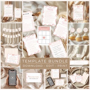 May include: A collection of printable 4th of July party templates in a soft pink and white color scheme. Includes welcome signs, trivia, bingo, invitations, and cupcake toppers. The words "Template Bundle" and "Download - Edit - Print" are visible.