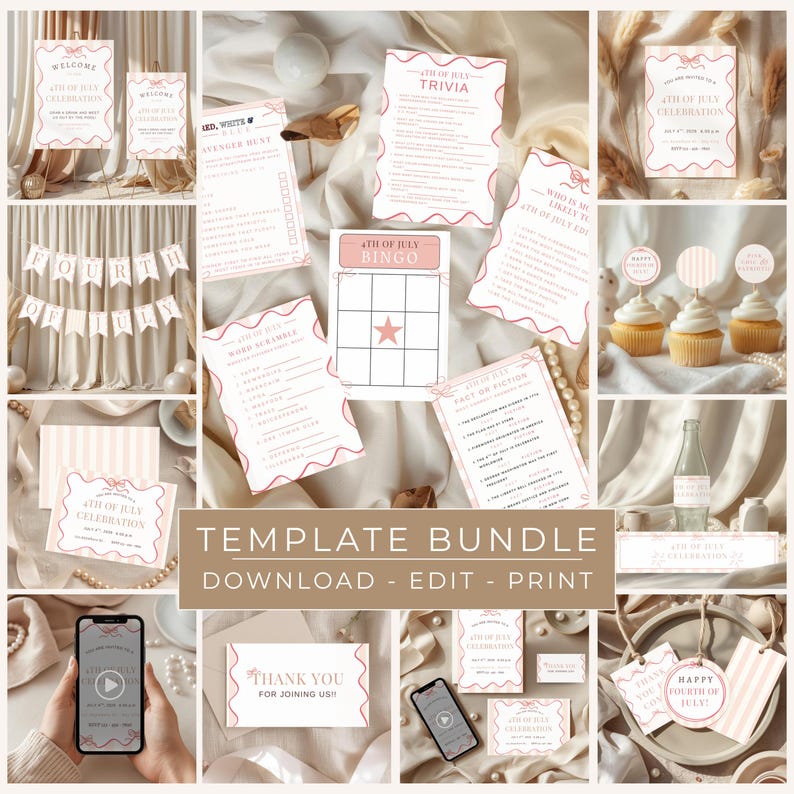 May include: A collection of printable 4th of July party templates in a soft pink and white color scheme. Includes welcome signs, trivia, bingo, invitations, and cupcake toppers. The words "Template Bundle" and "Download - Edit - Print" are visible.