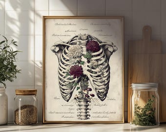 Anatomical Ribcage Wall Art - Gothic Memento Mori Skeleton Print - Dark Botanical Anatomy Poster - Vintage Skeleton & Flowers Home Decor