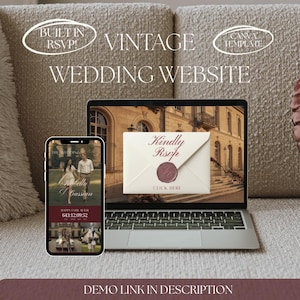 Könnte beinhalten: Ein Laptop und ein Smartphone zeigen ein Vintage-Hochzeitswebsite-Design. Der Laptop zeigt eine Einladung mit Wachssiegel, während das Telefon Hochzeitsfotos und einen Countdown-Timer zeigt. Text enthält "Built in RSVP" und "Canva Template".