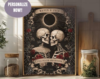 Personlig skelettparposter Gotiska parväggkonst Anpassad romantisk Dark Academia-dekor Jubileumspresenttryck Halloween-affisch