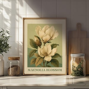 Magnolia Flower Wall Art Print Vintage Botanical Poster Neutral Floral Artwork Cream Magnolia Blossom Illustration Cottagecore Home Decor