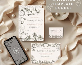 Wonderland Easter Party Invitation Template Bundle | Alice Inspired Easter Invite | Editable Canva Design | Digital Download