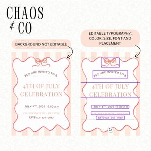 May include: A digital invitation template with a pink and white striped background. The invitation features a decorative border and text that reads "You are invited to a 4th of July Celebration." The text is customizable, including color, size, font, and placement.