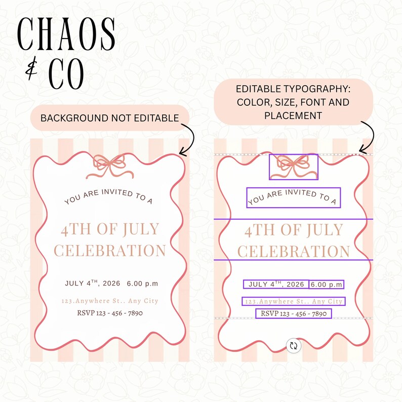 May include: A digital invitation template with a pink and white striped background. The invitation features a decorative border and text that reads "You are invited to a 4th of July Celebration." The text is customizable, including color, size, font, and placement.