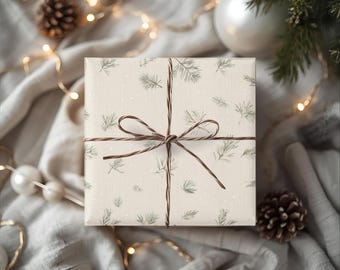 ニュートラルなボタニカルラッピングペーパーロール。ミニマリストな松の枝デザイン。クリスマス用のエコ風ギフトラップ。マルチサイズ。ファインアートペーパーラッピング。