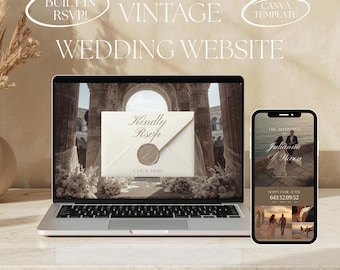 May include: A laptop and smartphone display a vintage wedding website design. The laptop screen shows an invitation with a wax seal, while the phone displays wedding details. Text includes "Built in RSVP!", "Vintage Wedding Website", and "Canva Template".