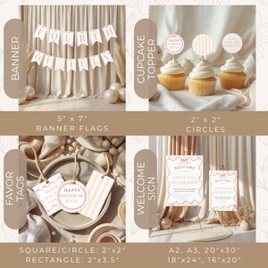 May include: A collection of Fourth of July party decorations, including a banner, cupcake toppers, favor tags, and welcome signs. The banner flags are 5" x 7", and the cupcake toppers are 2" x 2". The welcome signs are available in various sizes.