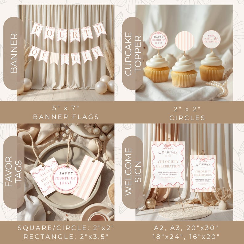May include: A collection of Fourth of July party decorations, including a banner, cupcake toppers, favor tags, and welcome signs. The banner flags are 5" x 7", and the cupcake toppers are 2" x 2". The welcome signs are available in various sizes.