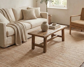 Tapete de lã neutro tecido à mão, tapete minimalista bege de trama plana, tapete reversível feito à mão, tapete moderno boho natural