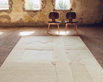 Tappeto astratto beige, tappeto moderno trapuntato a mano, tappeto geometrico neutro, tappeto scolpito minimalista, tappeto di lusso per soggiorno