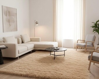 Beige Plush Area Rug, Soft Modern Minimalist Rug, Neutral Shaggy Carpet, Cozy Living Room Rug, Scandinavian Wool Look Floor Rug