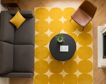 Mid Century Modern Yellow Rug, Geometric Circle Pattern Carpet, Mustard Retro Area Rug, Scandinavian Living Room Decor