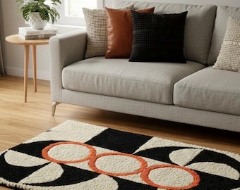 Handmade Geometric Wool Rug – Modern Black, Cream & Orange Tufted Carpet